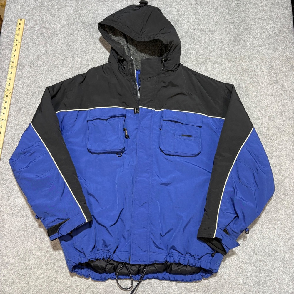 Vintage Gap Mens Blue Black Colorblock Sherpa Lined Hooded Puffer Jacket Large